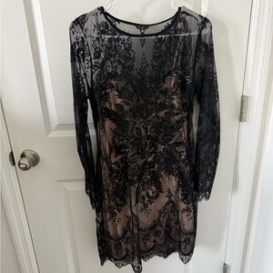 Express Black Lace Overlay Dress with Nude Underlay